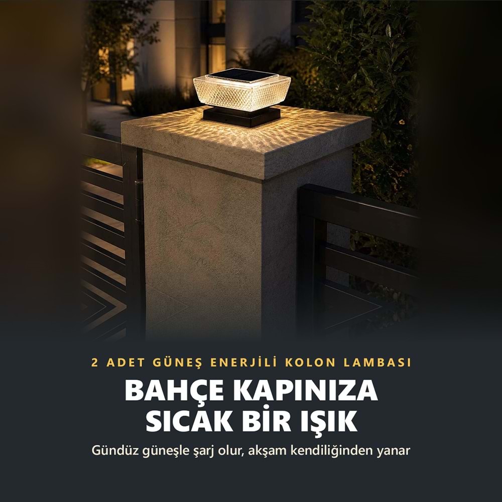 Greentech Güneş Enerjili Kolon Başı ve Duvar Üstü Lambası, 2 Adet, Baklava Desenli Cam, Sıcak Beyaz / GT-SL51