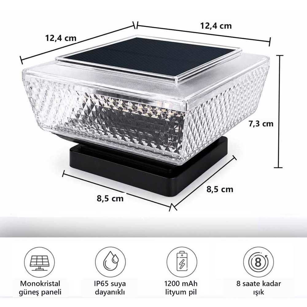 Greentech Güneş Enerjili Kolon Başı ve Duvar Üstü Lambası, 2 Adet, Baklava Desenli Cam, Sıcak Beyaz / GT-SL51