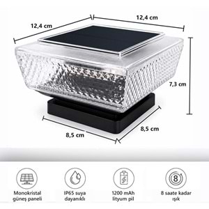 Greentech Güneş Enerjili Kolon Başı ve Duvar Üstü Lambası, 2 Adet, Baklava Desenli Cam, Sıcak Beyaz / GT-SL51
