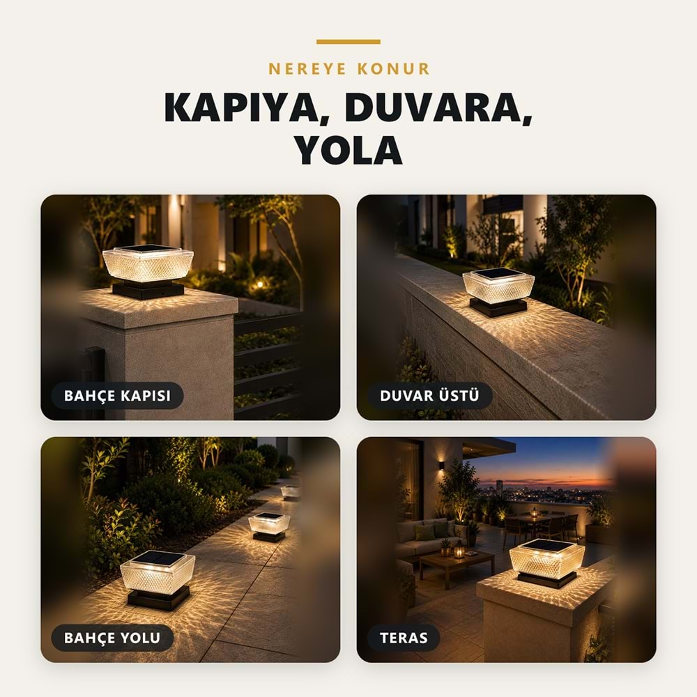 Greentech Güneş Enerjili Kolon Başı ve Duvar Üstü Lambası, 2 Adet, Baklava Desenli Cam, Sıcak Beyaz / GT-SL51