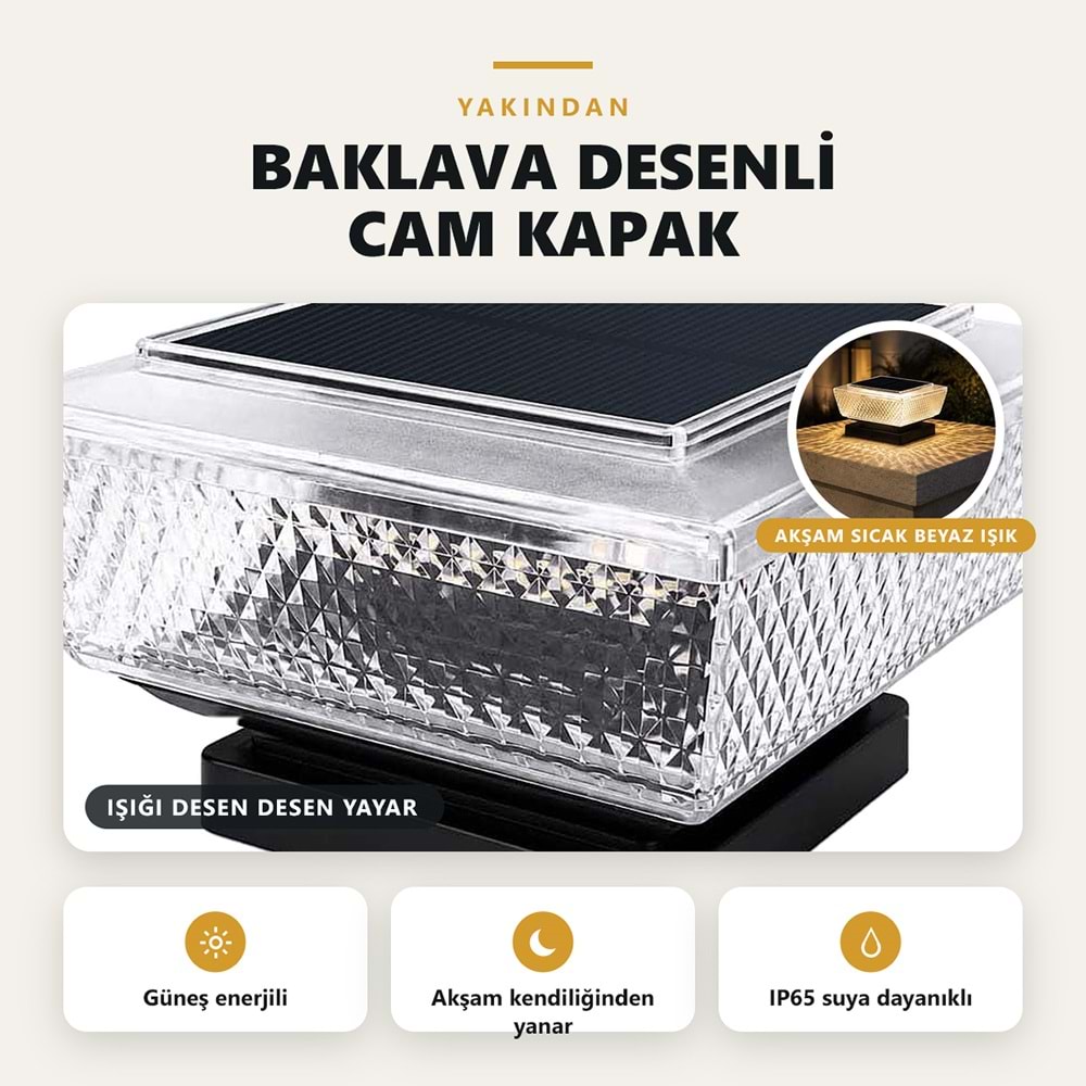 Greentech Güneş Enerjili Kolon Başı ve Duvar Üstü Lambası, 2 Adet, Baklava Desenli Cam, Sıcak Beyaz / GT-SL51