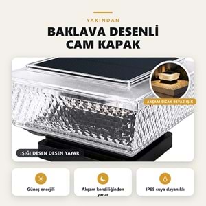 Greentech Güneş Enerjili Kolon Başı ve Duvar Üstü Lambası, 2 Adet, Baklava Desenli Cam, Sıcak Beyaz / GT-SL51