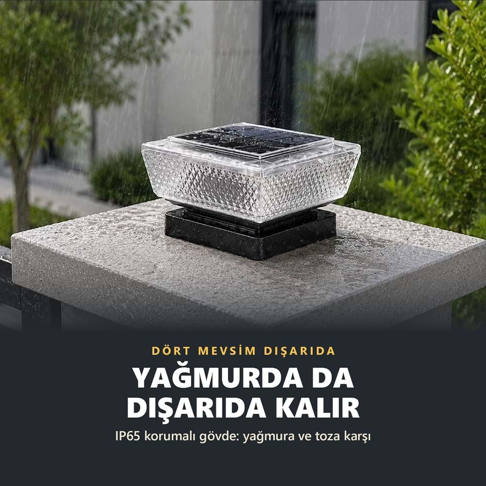 Greentech Güneş Enerjili Kolon Başı ve Duvar Üstü Lambası, 2 Adet, Baklava Desenli Cam, Sıcak Beyaz / GT-SL51