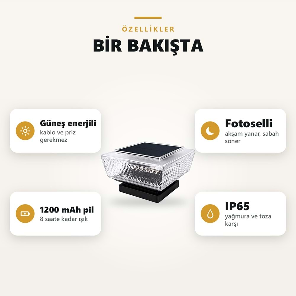 Greentech Güneş Enerjili Kolon Başı ve Duvar Üstü Lambası, 2 Adet, Baklava Desenli Cam, Sıcak Beyaz / GT-SL51