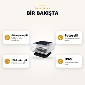 Greentech Güneş Enerjili Kolon Başı ve Duvar Üstü Lambası, 2 Adet, Baklava Desenli Cam, Sıcak Beyaz / GT-SL51